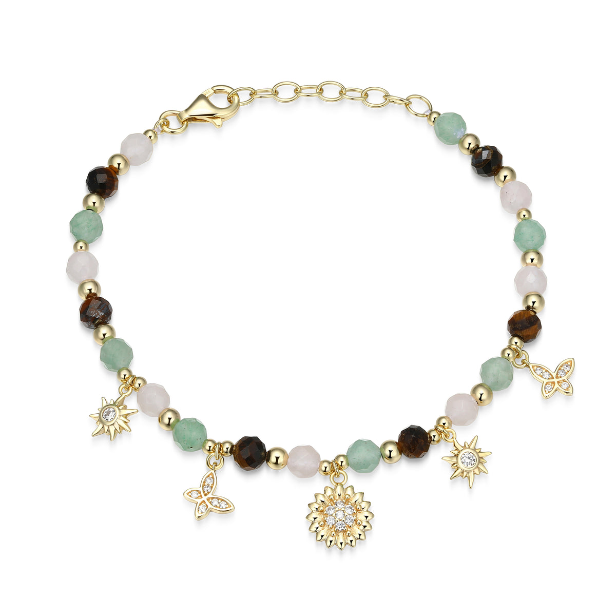 RB0203 - Genuine Dark Green Aventurine, Rose Quartz & Tiger's Eye Beaded Charm Bracelet | reign