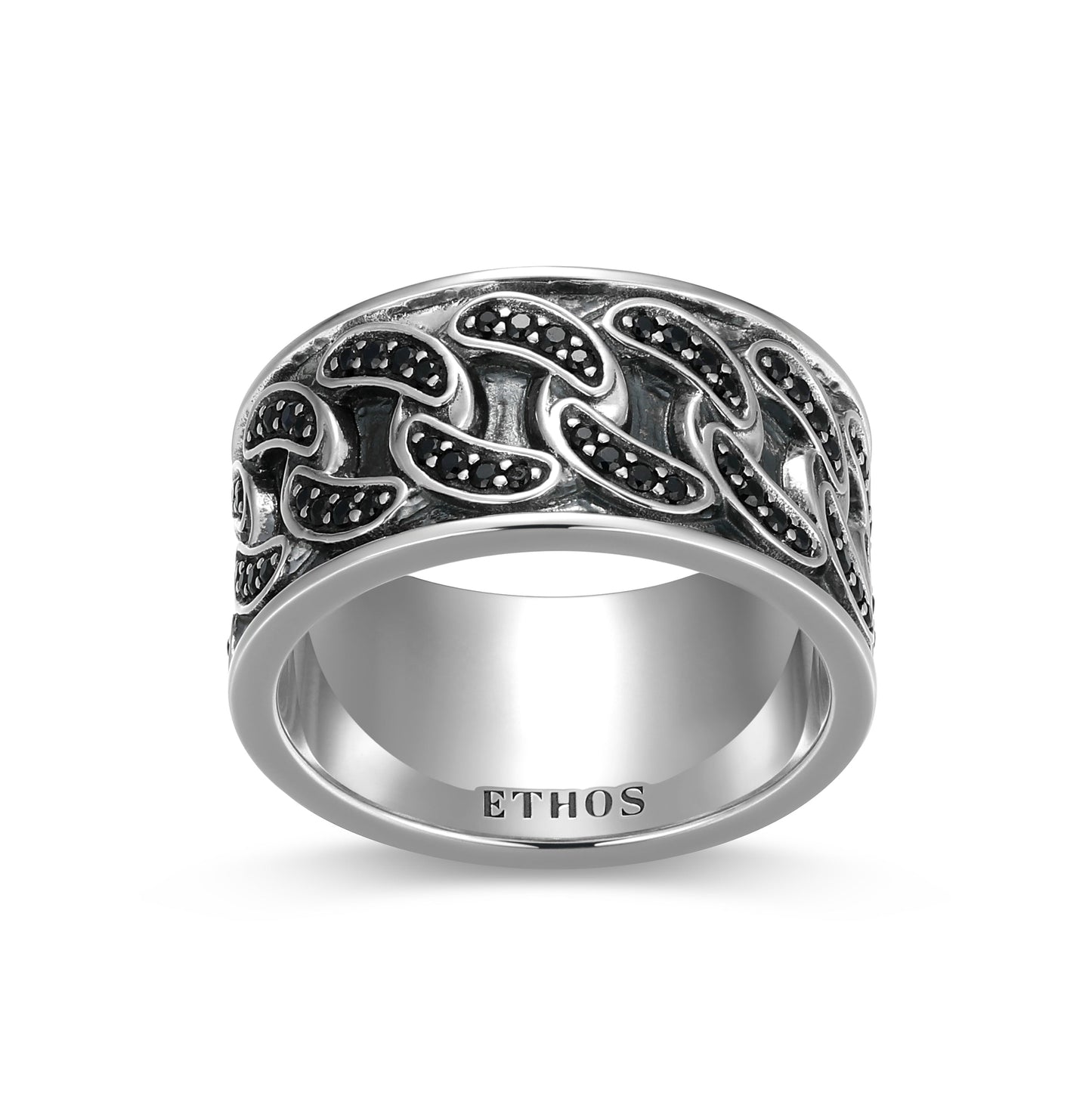 Links Genuine Black Sapphire Pave Cuban Chain Band Ring in Oxidized Rhodium-Plated Sterling Silver | ethos