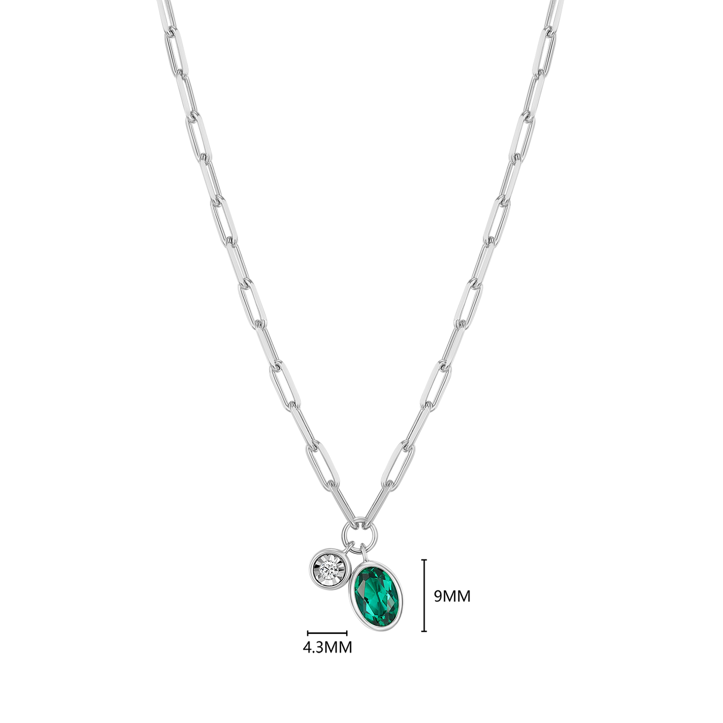 May Birthstone Lab-Created Emerald & Lab-Created Diamond Mini Paperclip Necklace in Rhodium-Plated Sterling Silver | M by Monte Luna