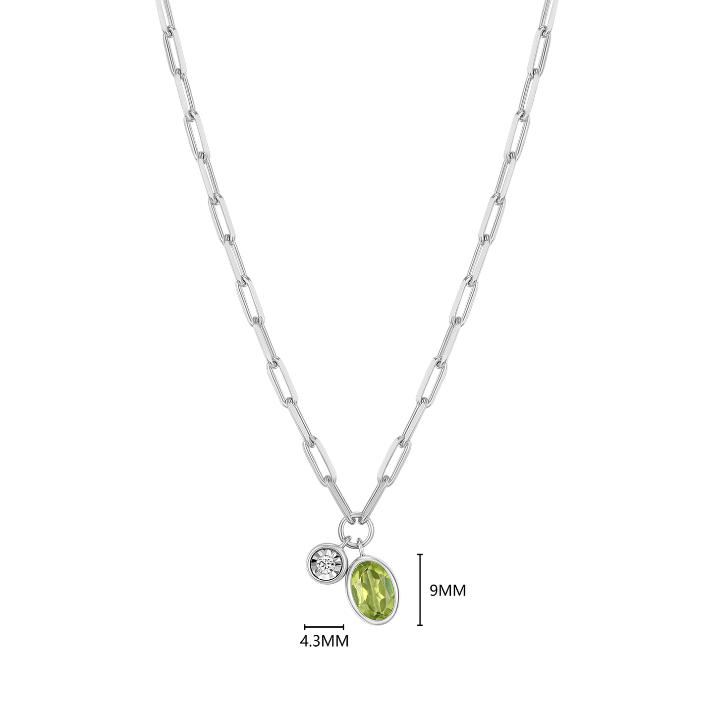 August Birthstone Genuine Peridot & Lab-Created Diamond Mini Paperclip Necklace in Rhodium-Plated Sterling Silver | M by Monte Luna