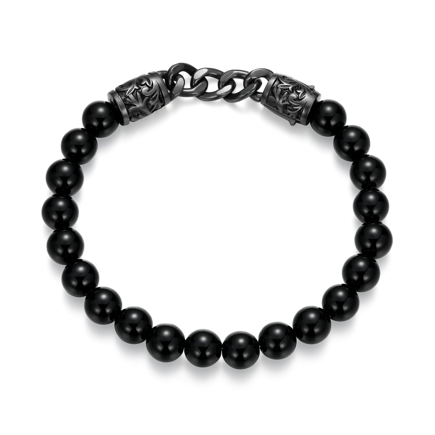 UB0097 - Dark Reign Chisel Rondelle Cuban Chain Black Agate Beaded Bracelet in Gunmetal - Plated Sterling Silver | ethos