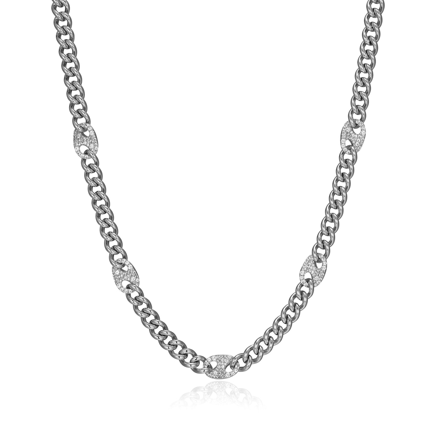Links Lab-Created White Sapphire Mariner Station Cuban Chain Necklace in Rhodium-Plated Sterling Silver | ethos