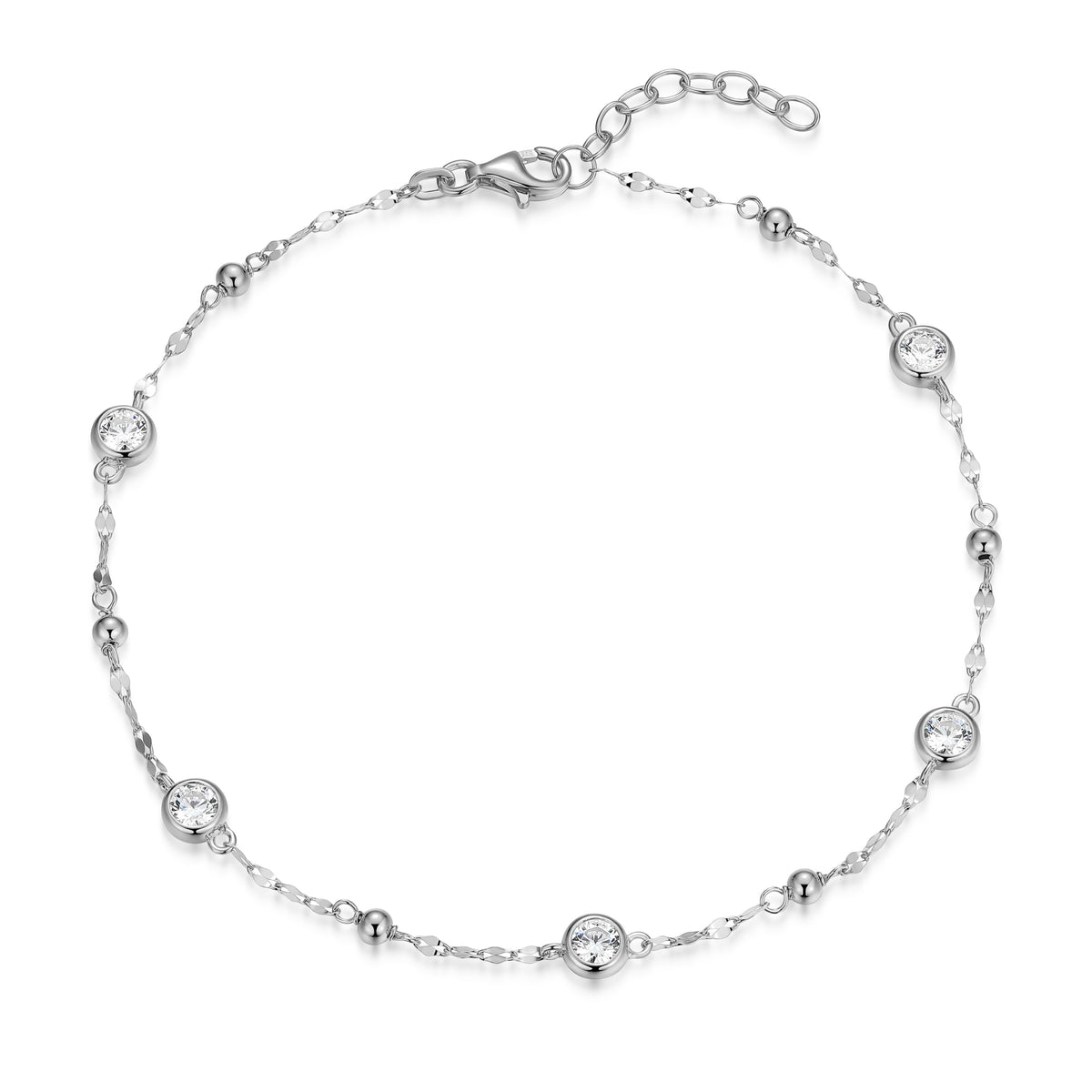 RB0196W - Bezel Set CZ Stations Beaded Chain Anklet | reign