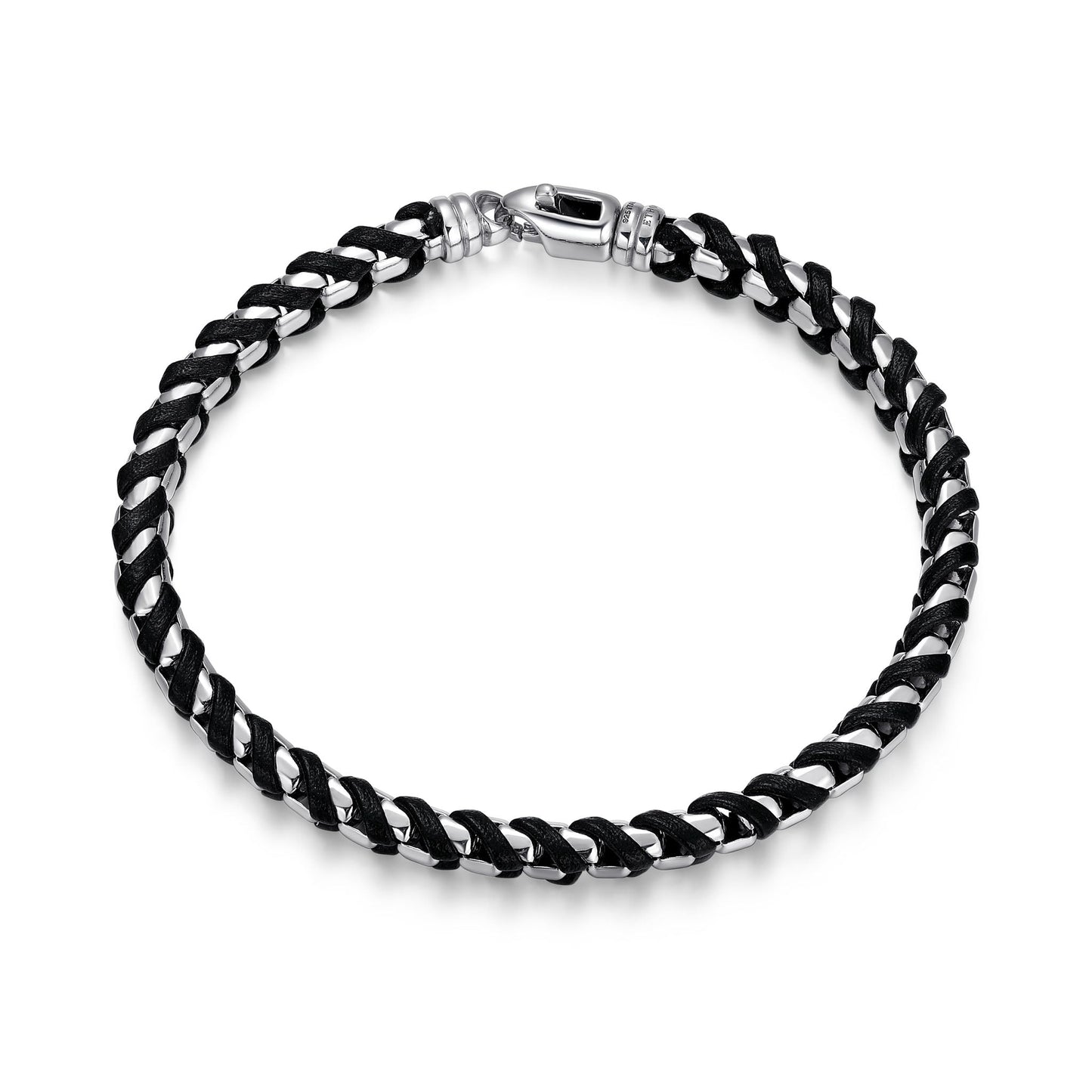 Italian Chain Rhodium Plated Round Box Chain with Black Leather Bracelet - 7.75" - UB0005S | ethos