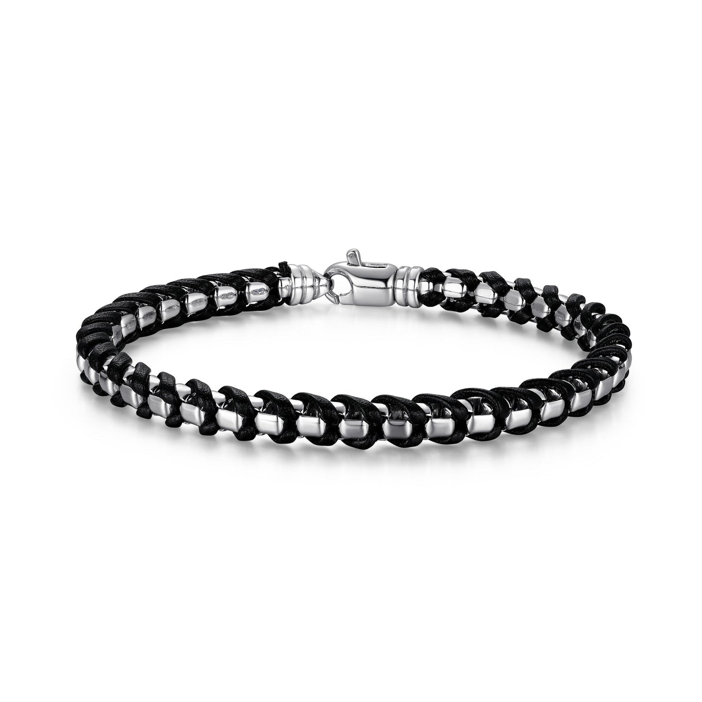 Italian Chain Rhodium Plated Round Box Chain with Black Leather Bracelet - 8.5" - UB0005M | ethos