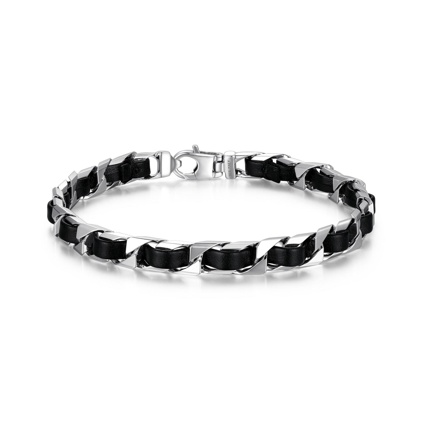 Italian Chain Rhodium Plated Curb Chain with Black Leather Bracelet - 7.75" - UB0006S | ethos