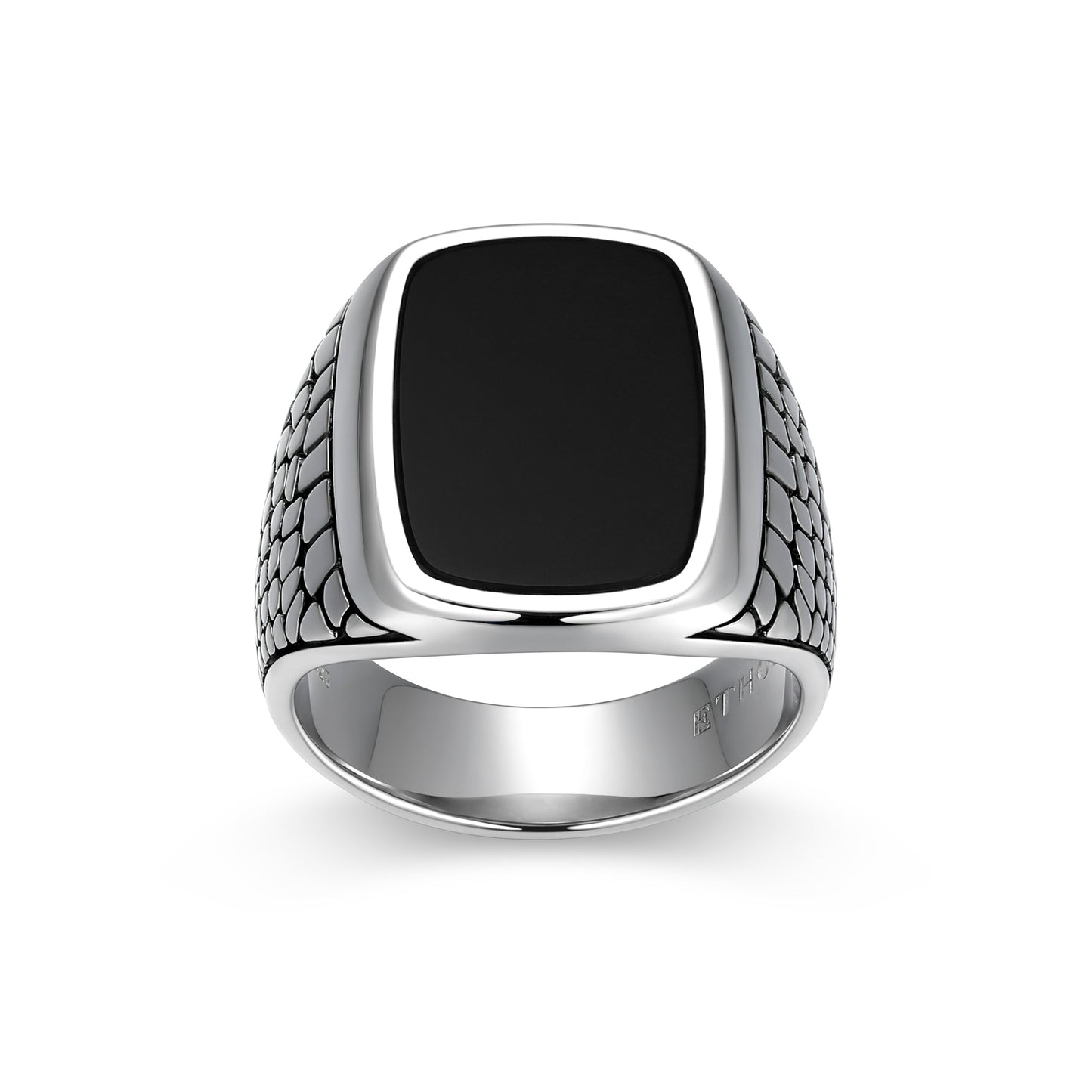 Reptile Design Black Agate Signet Ring in Rhodium-Plated Sterling Silver | ethos