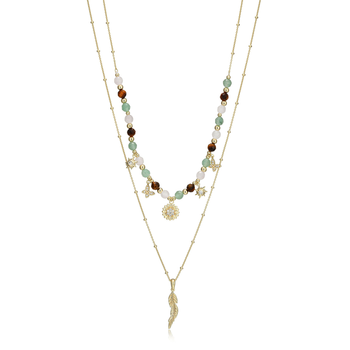 RN0203 - Genuine Dark Green Aventurine, Rose Quartz & Tiger's Eye Beaded Charm Necklace | reign