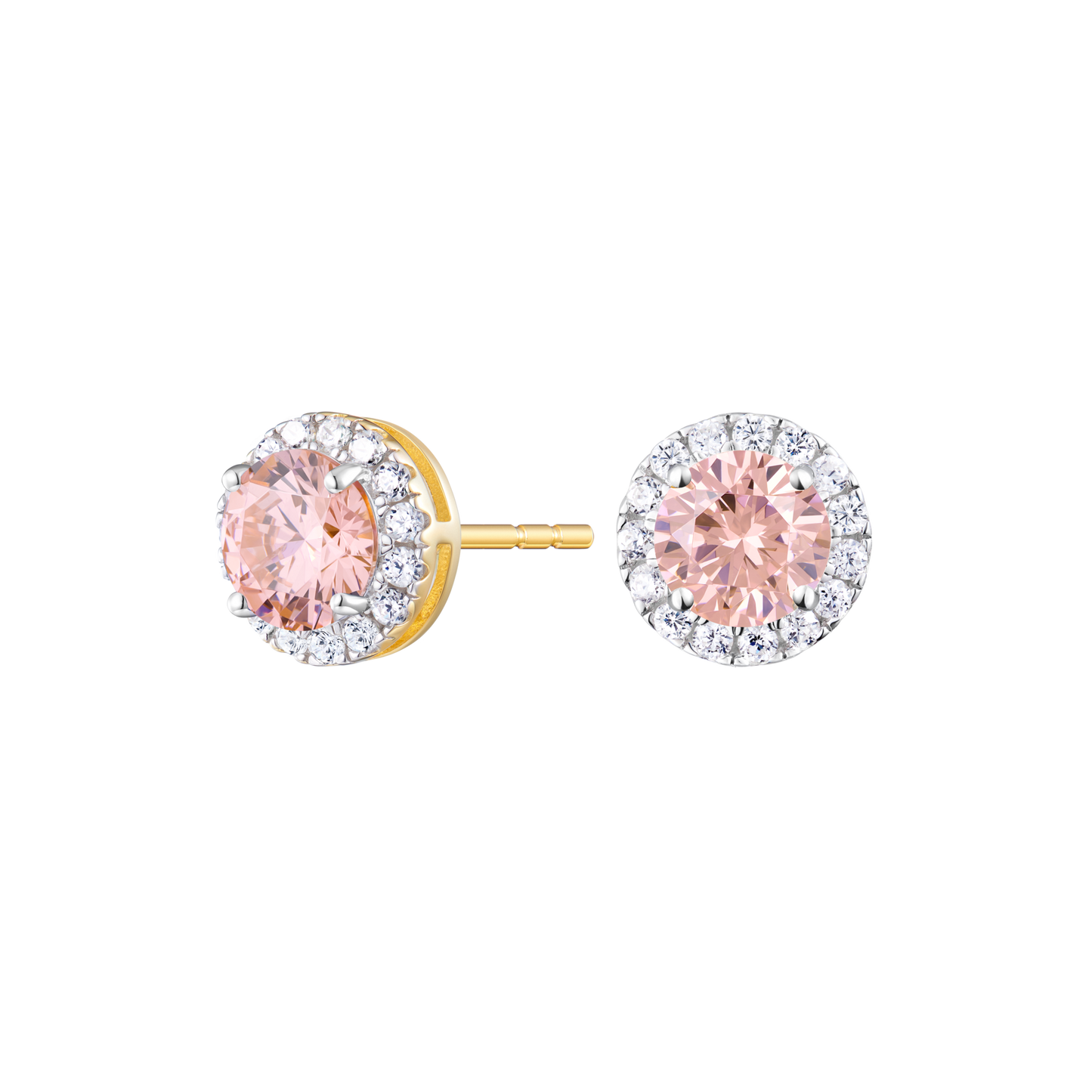 Round-Cut Genuine Morganite & Lab-Created Diamond Halo Stud Earrings in 14K Yellow Gold | Monte Luna