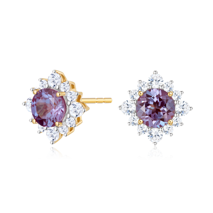 Round-Cut Lab-Created Alexandrite & Diamond Sunburst Halo Stud Earrings in 14K Yellow Gold | Monte Luna
