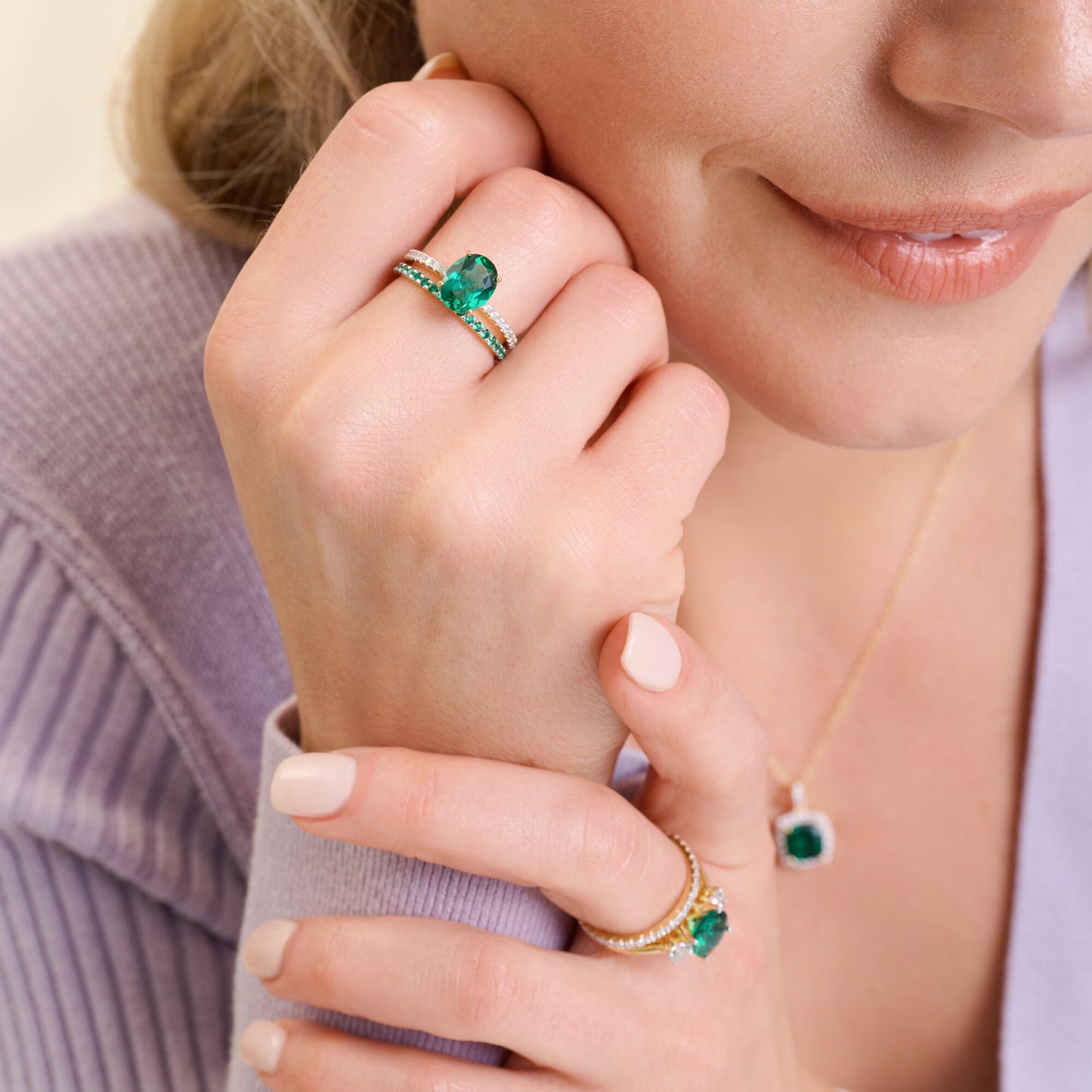 Lab-Created Emerald Oval Solitaire & Lab-Created Diamond Pave Band Ring in 14K Yellow Gold | Monte Luna