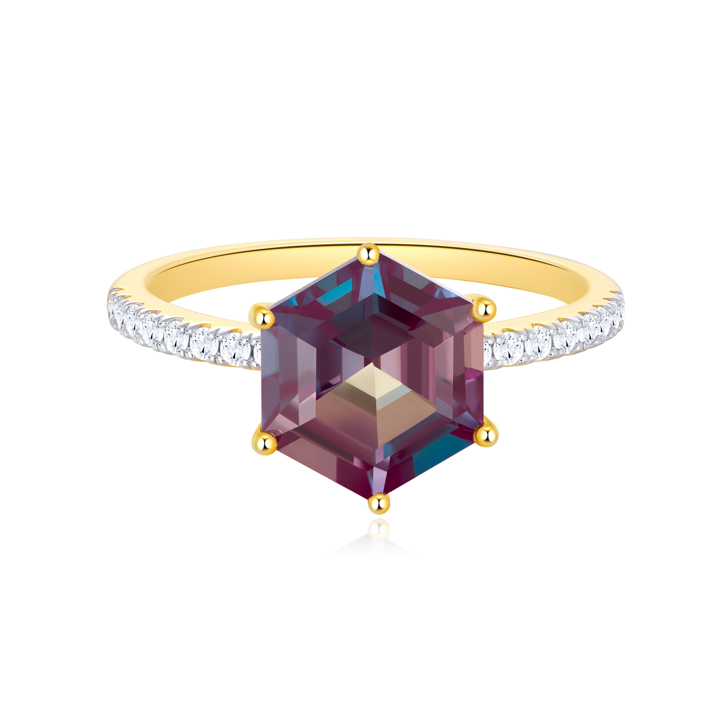 Lab-Created Alexandrite Solitaire & Diamond Pave Band Ring in 14K Yellow Gold | Monte Luna