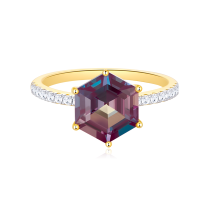 Lab-Created Alexandrite Solitaire & Diamond Pave Band Ring in 14K Yellow Gold | Monte Luna