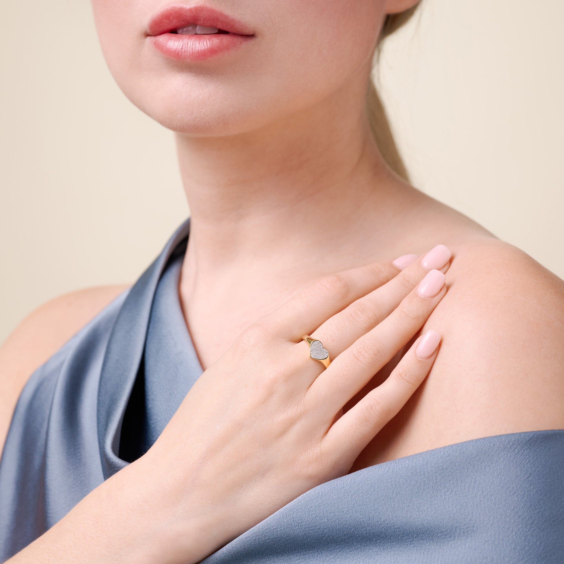 Lab-Created Diamond Pave Heart Signet Ring in 14K Yellow Gold-Plated Sterling Silver | M by Monte Luna