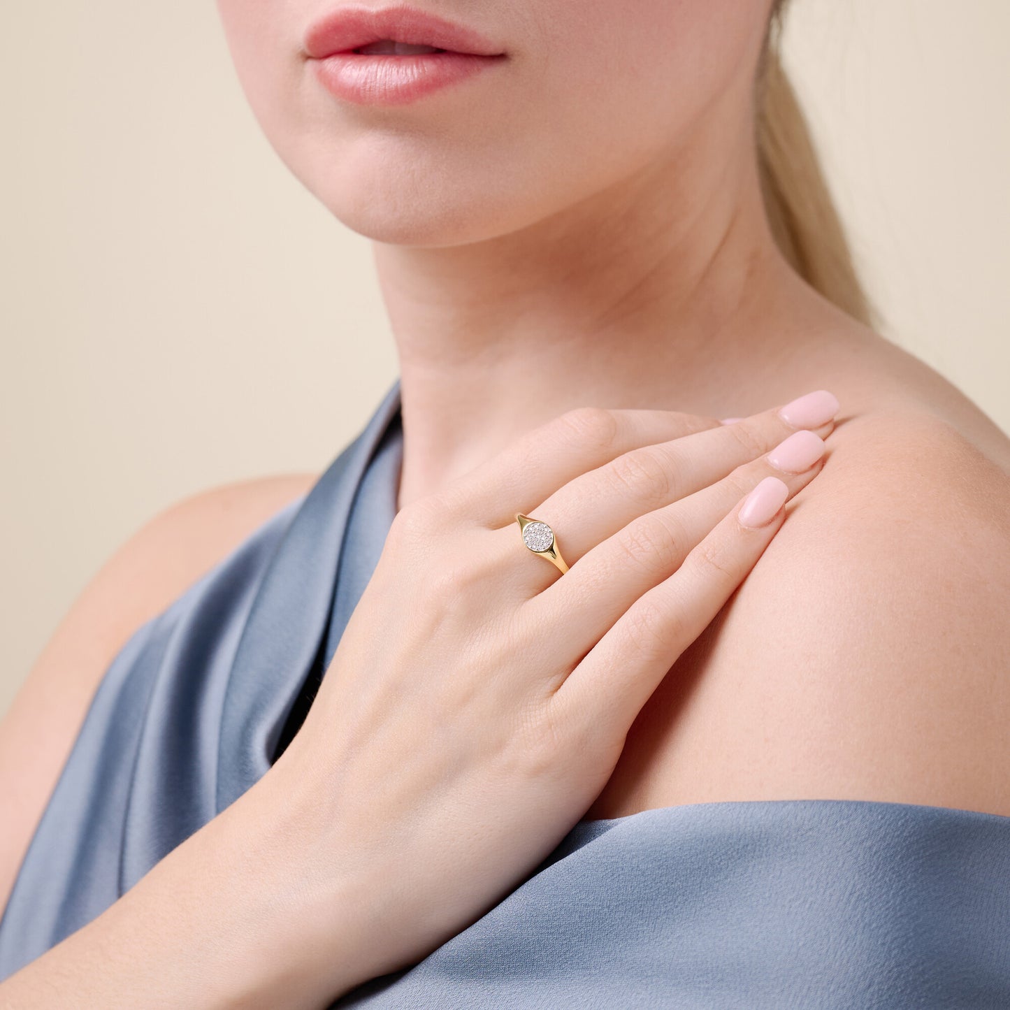 Lab-Created Diamond Pave Circle Signet Ring in 14K Yellow Gold-Plated Sterling Silver | M by Monte Luna