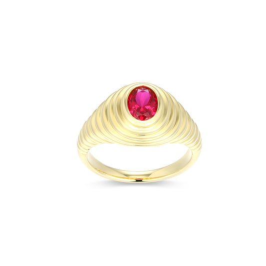 RR0243Y6 - Lab-Created Ruby Ribbed Signet Ring | reign