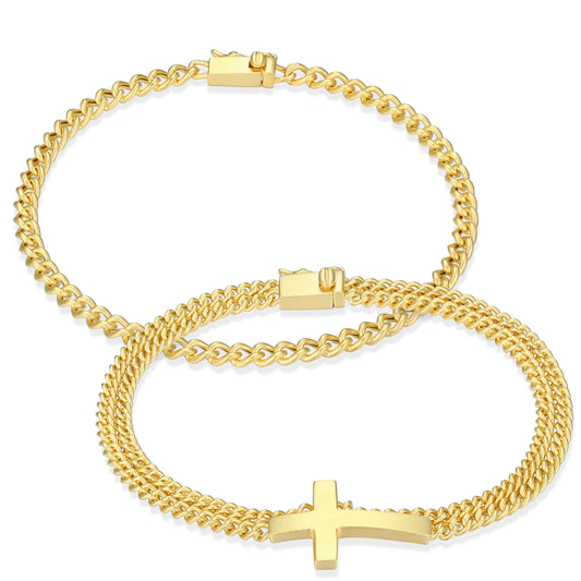 UB0106 - Cross Box Set Double Cuban Chain & Classic Cuban Chain Bracelets in 14K Yellow Gold - Plated Sterling Silver | ethos