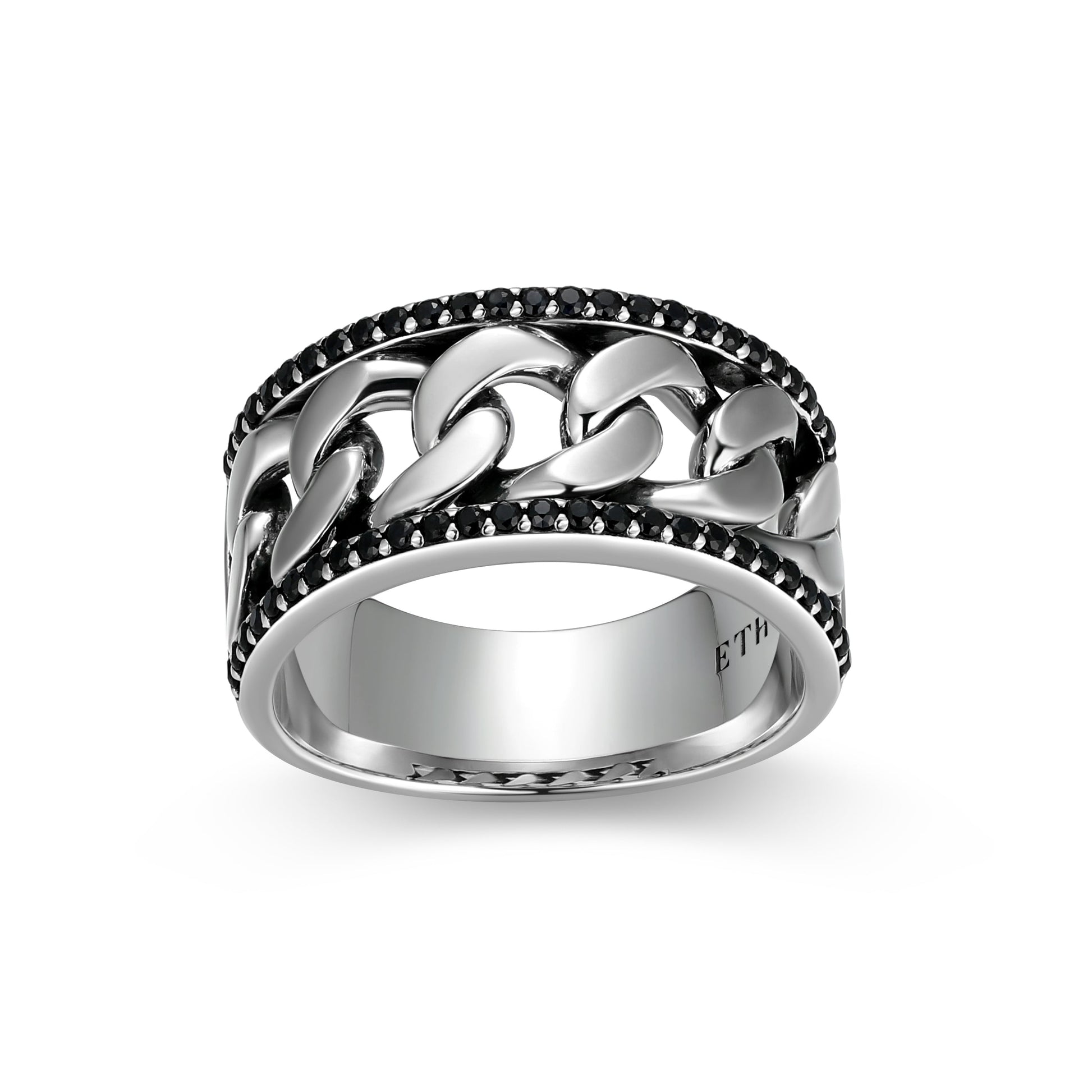Links Genuine Black Sapphire Framed Cuban Chain Band Ring in Oxidized Rhodium-Plated Sterling Silver | ethos