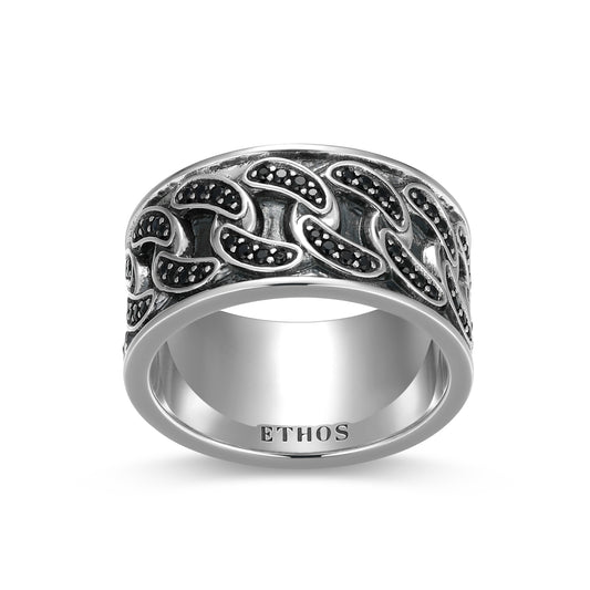 Links Genuine Black Sapphire Pave Cuban Chain Band Ring in Oxidized Rhodium-Plated Sterling Silver | ethos