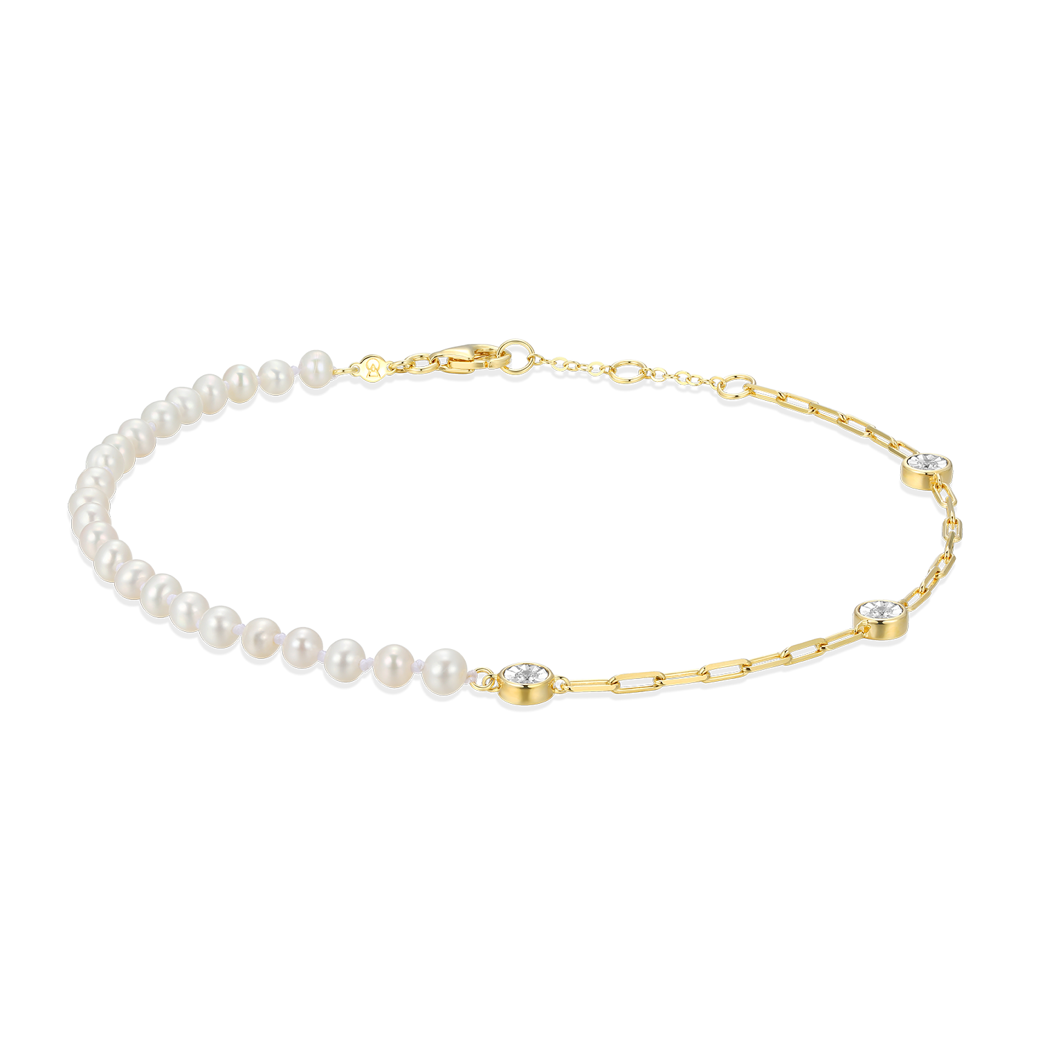 Freshwater Baby Pearl & Lab-Created Diamond Station Paperclip Anklet in 14K Yellow Gold-Plated Sterling Silver | M by Monte Luna