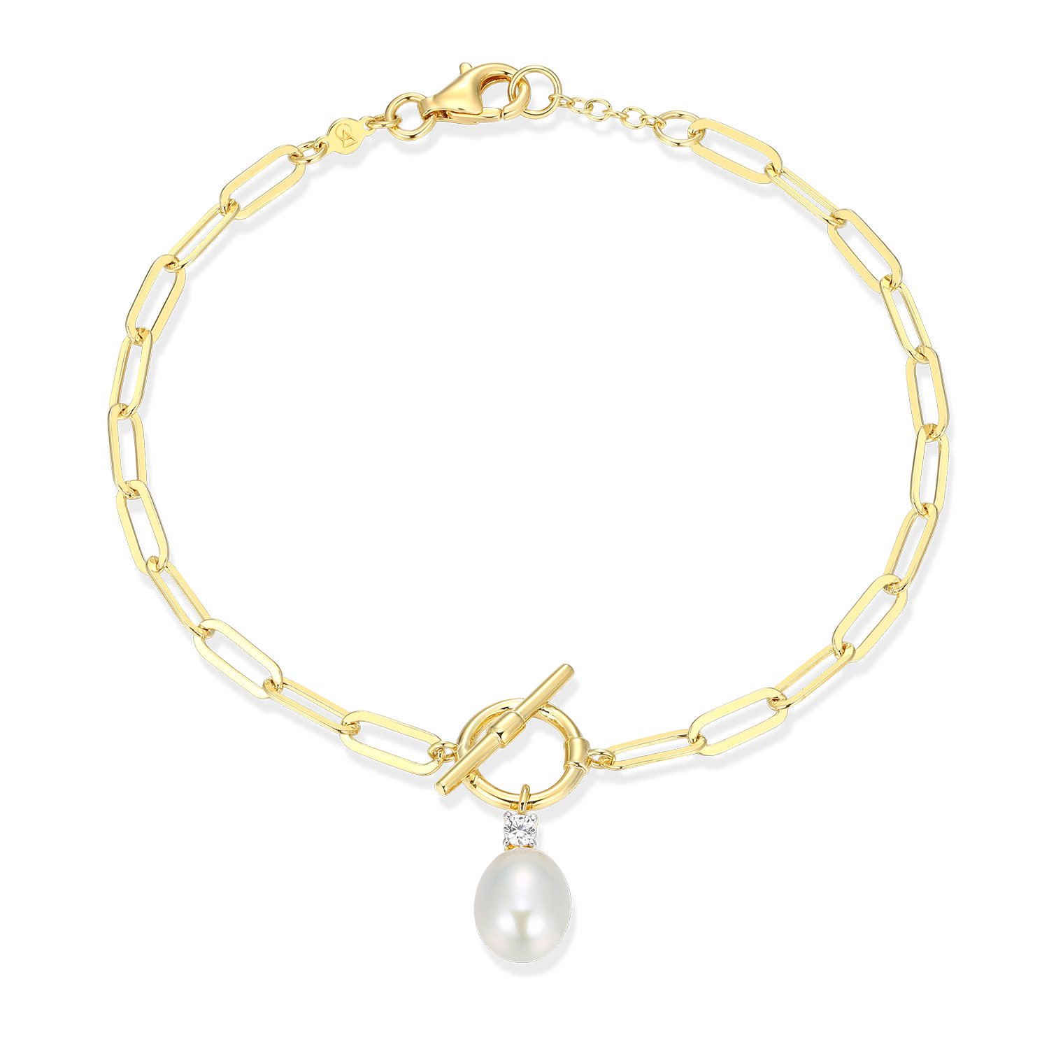 Freshwater Pearl & Lab-Created Diamond Toggle-Look Paperclip Bracelet in 14K Yellow Gold-Plated Sterling Silver | M by Monte Luna