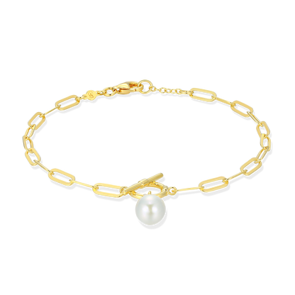 Freshwater Pearl & Lab-Created Diamond Toggle-Look Paperclip Bracelet in 14K Yellow Gold-Plated Sterling Silver | M by Monte Luna