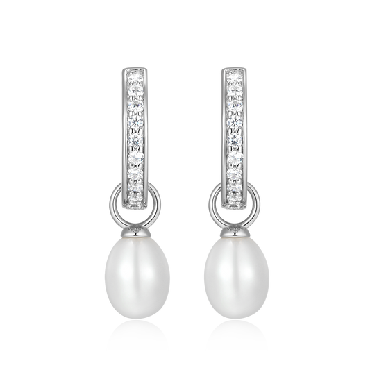 Freshwater Pearl & Lab-Created Diamond Huggie Earrings in Rhodium-Plated Sterling Silver | M by Monte Luna