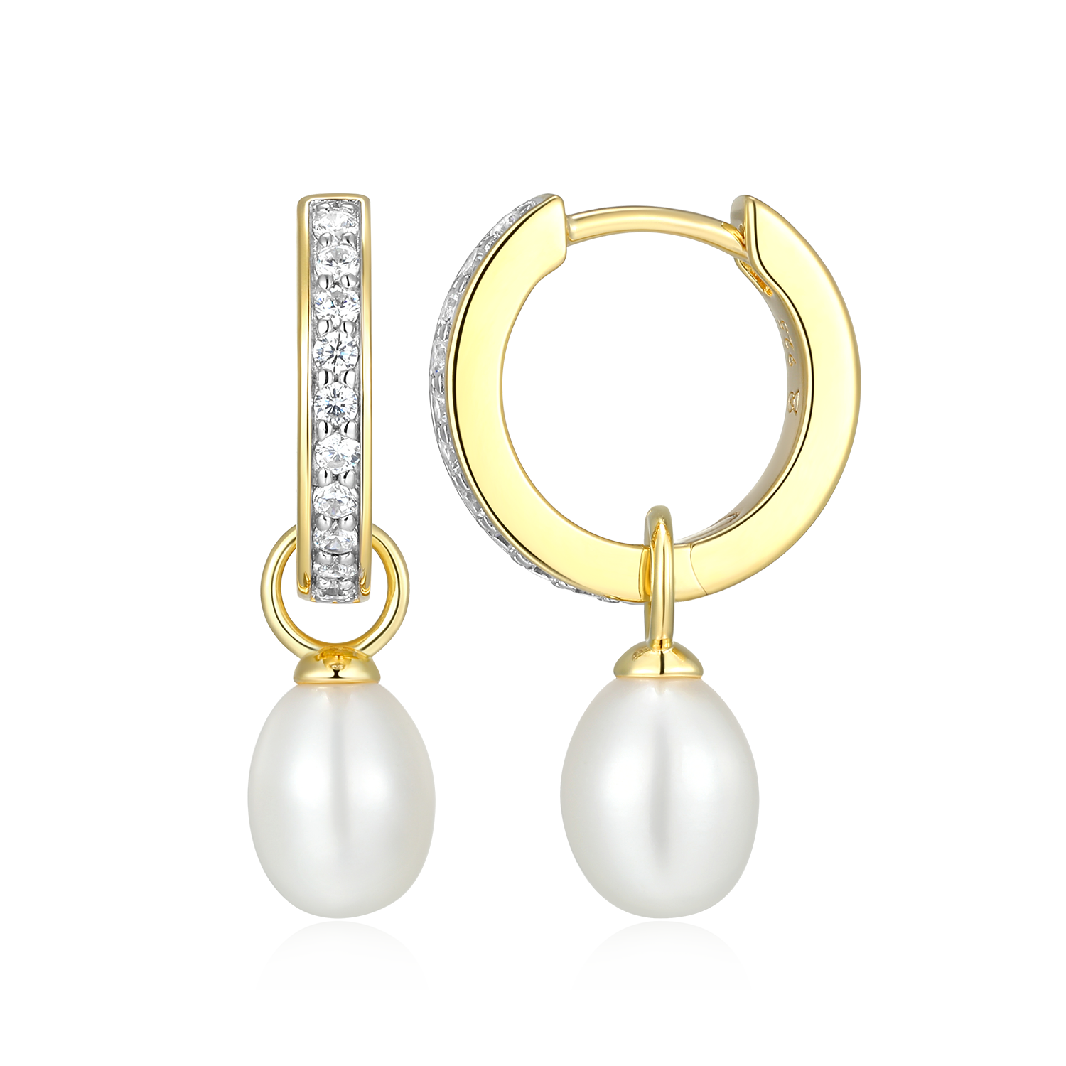 Freshwater Pearl & Lab-Created Diamond Huggie Earrings in 14K Yellow Gold-Plated Sterling Silver | M by Monte Luna