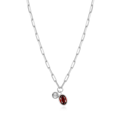 January Birthstone Genuine Garnet & Lab-Created Diamond Mini Paperclip Necklace in Rhodium-Plated Sterling Silver | M by Monte Luna
