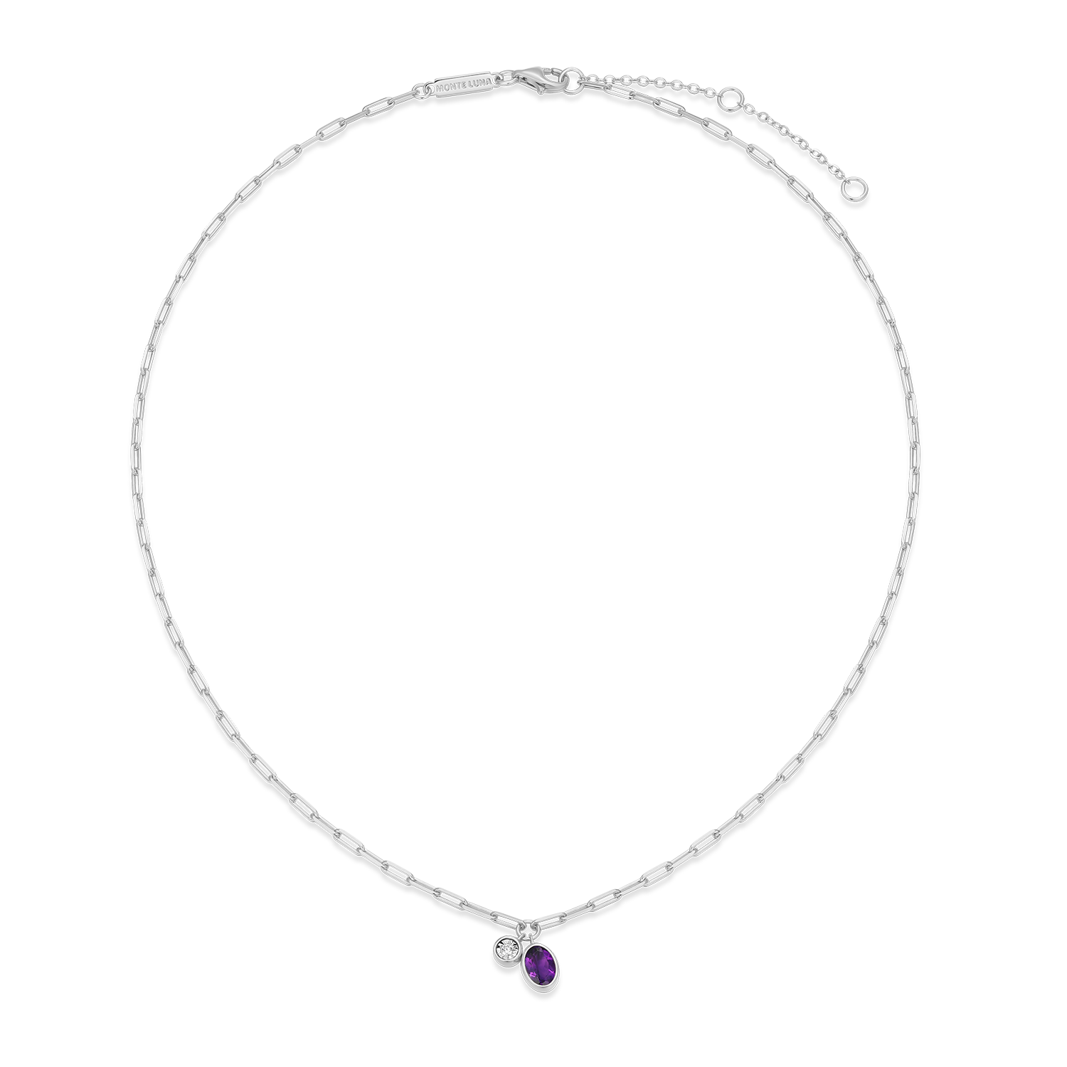 February Birthstone Genuine Amethyst & Lab-Created Diamond Mini Paperclip Necklace in Rhodium-Plated Sterling Silver | M by Monte Luna