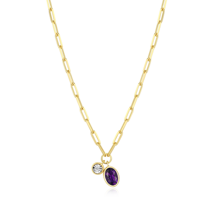 February Birthstone Genuine Amethyst & Lab-Created Diamond Mini Paperclip Necklace in 14K Yellow Gold-Plated Sterling Silver | M by Monte Luna