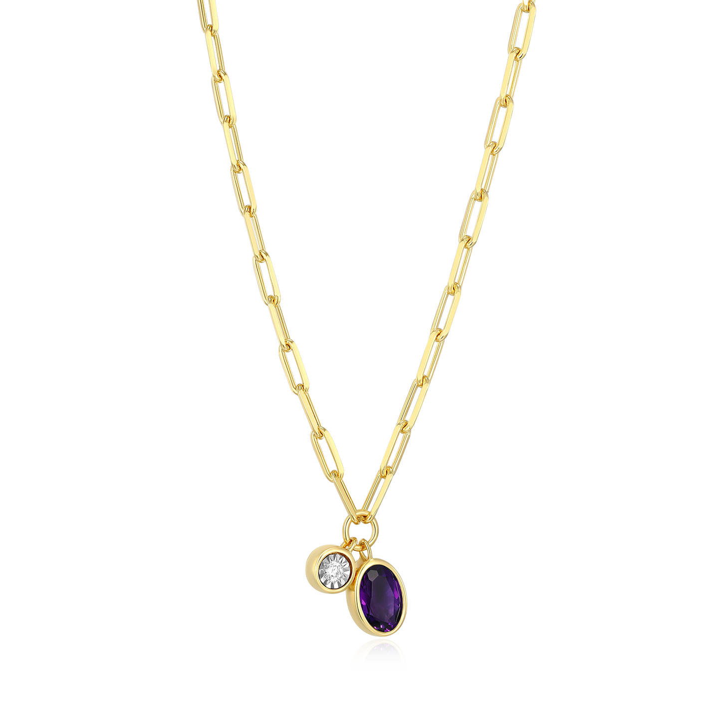 February Birthstone Genuine Amethyst & Lab-Created Diamond Mini Paperclip Necklace in 14K Yellow Gold-Plated Sterling Silver | M by Monte Luna
