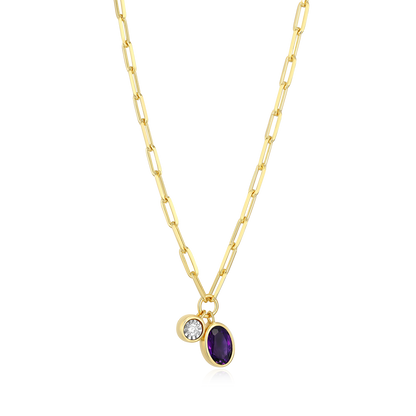 February Birthstone Genuine Amethyst & Lab-Created Diamond Mini Paperclip Necklace in 14K Yellow Gold-Plated Sterling Silver | M by Monte Luna