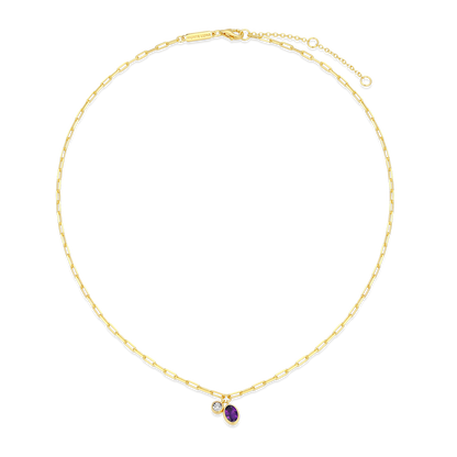 February Birthstone Genuine Amethyst & Lab-Created Diamond Mini Paperclip Necklace in 14K Yellow Gold-Plated Sterling Silver | M by Monte Luna