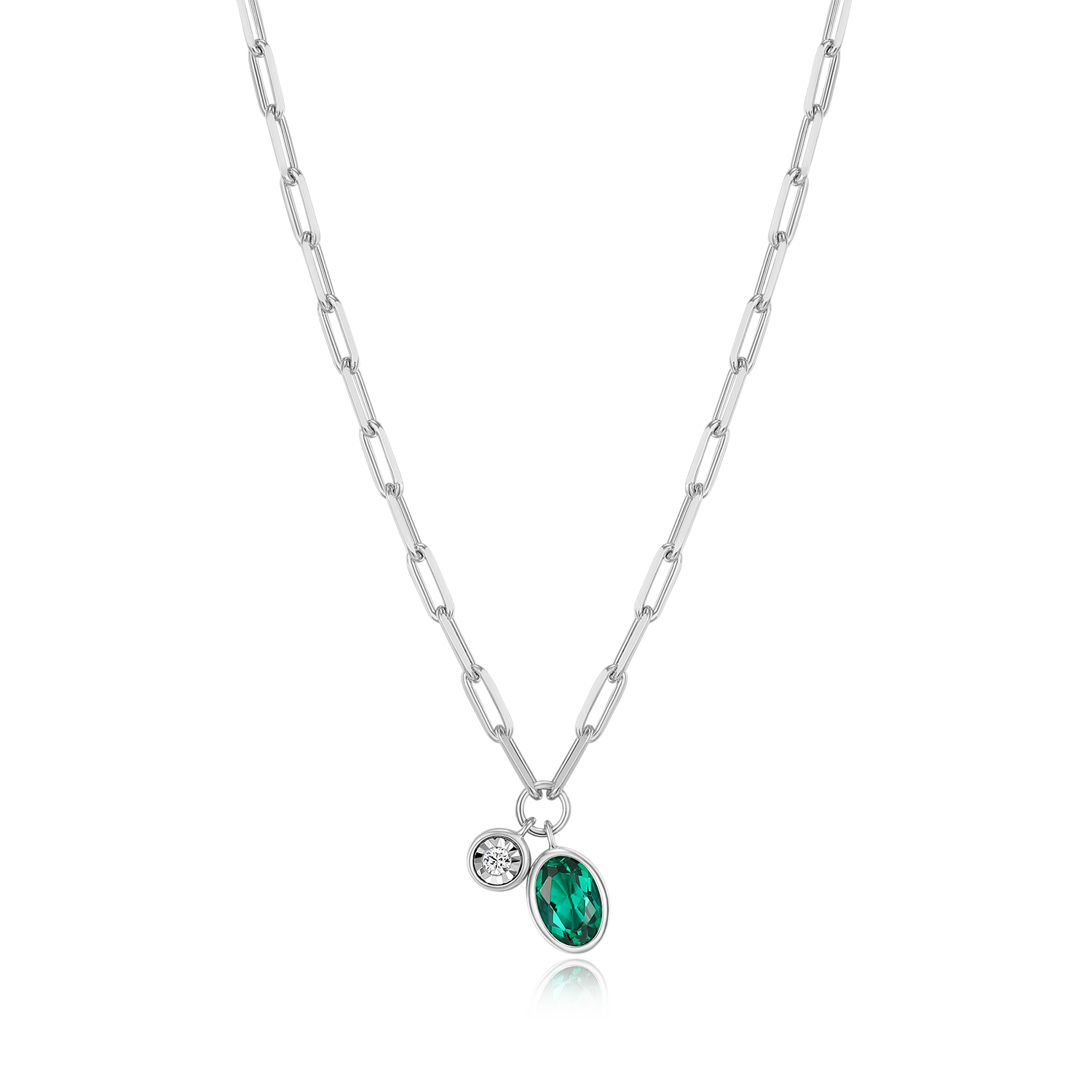 May Birthstone Lab-Created Emerald & Lab-Created Diamond Mini Paperclip Necklace in Rhodium-Plated Sterling Silver | M by Monte Luna