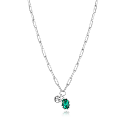 May Birthstone Lab-Created Emerald & Lab-Created Diamond Mini Paperclip Necklace in Rhodium-Plated Sterling Silver | M by Monte Luna