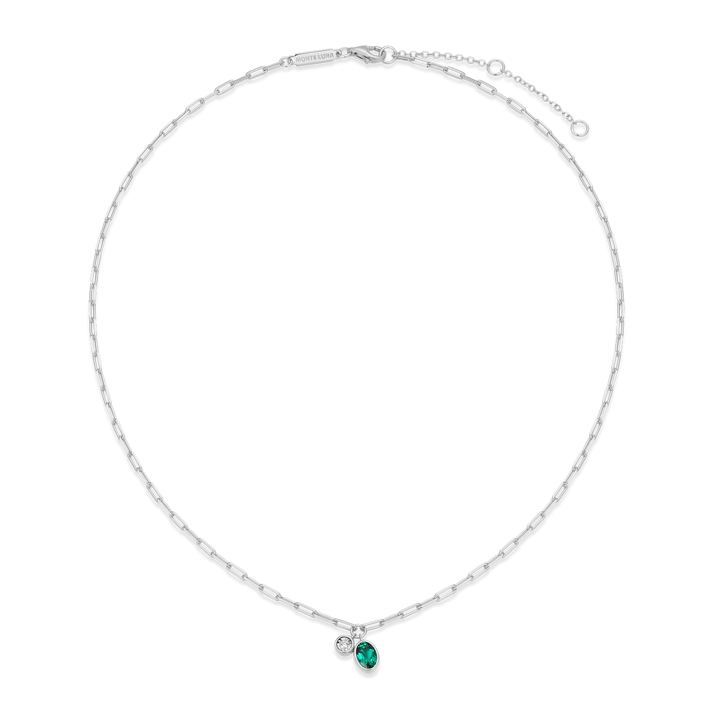 May Birthstone Lab-Created Emerald & Lab-Created Diamond Mini Paperclip Necklace in Rhodium-Plated Sterling Silver | M by Monte Luna