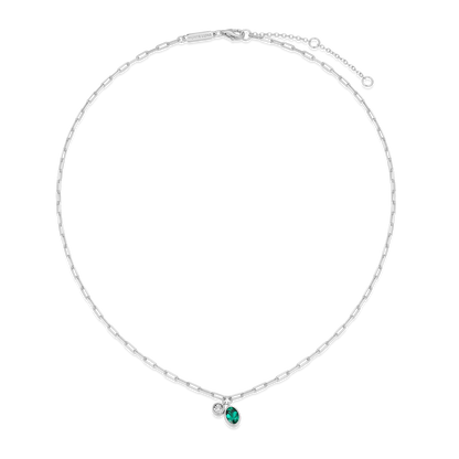 May Birthstone Lab-Created Emerald & Lab-Created Diamond Mini Paperclip Necklace in Rhodium-Plated Sterling Silver | M by Monte Luna