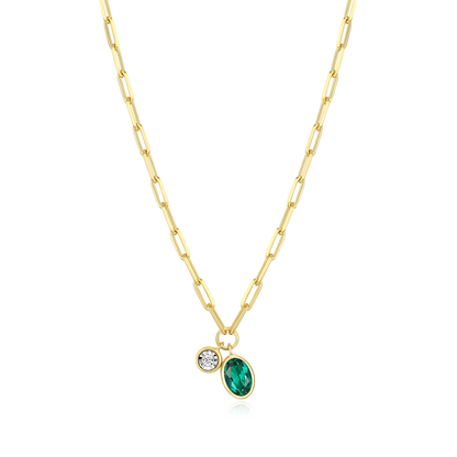 May Birthstone Lab-Created Emerald & Lab-Created Diamond Mini Paperclip Necklace in 14K Yellow Gold-Plated Sterling Silver | M by Monte Luna