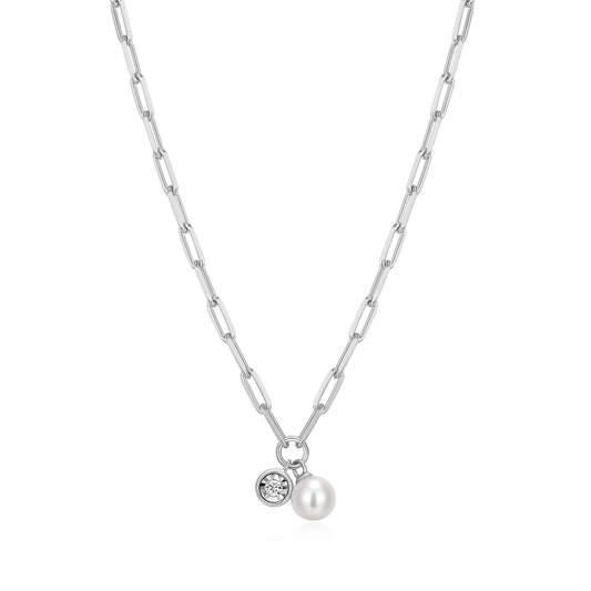 June Birthstone Freshwater Pearl & Lab-Created Diamond Mini Paperclip Necklace in Rhodium-Plated Sterling Silver | M by Monte Luna