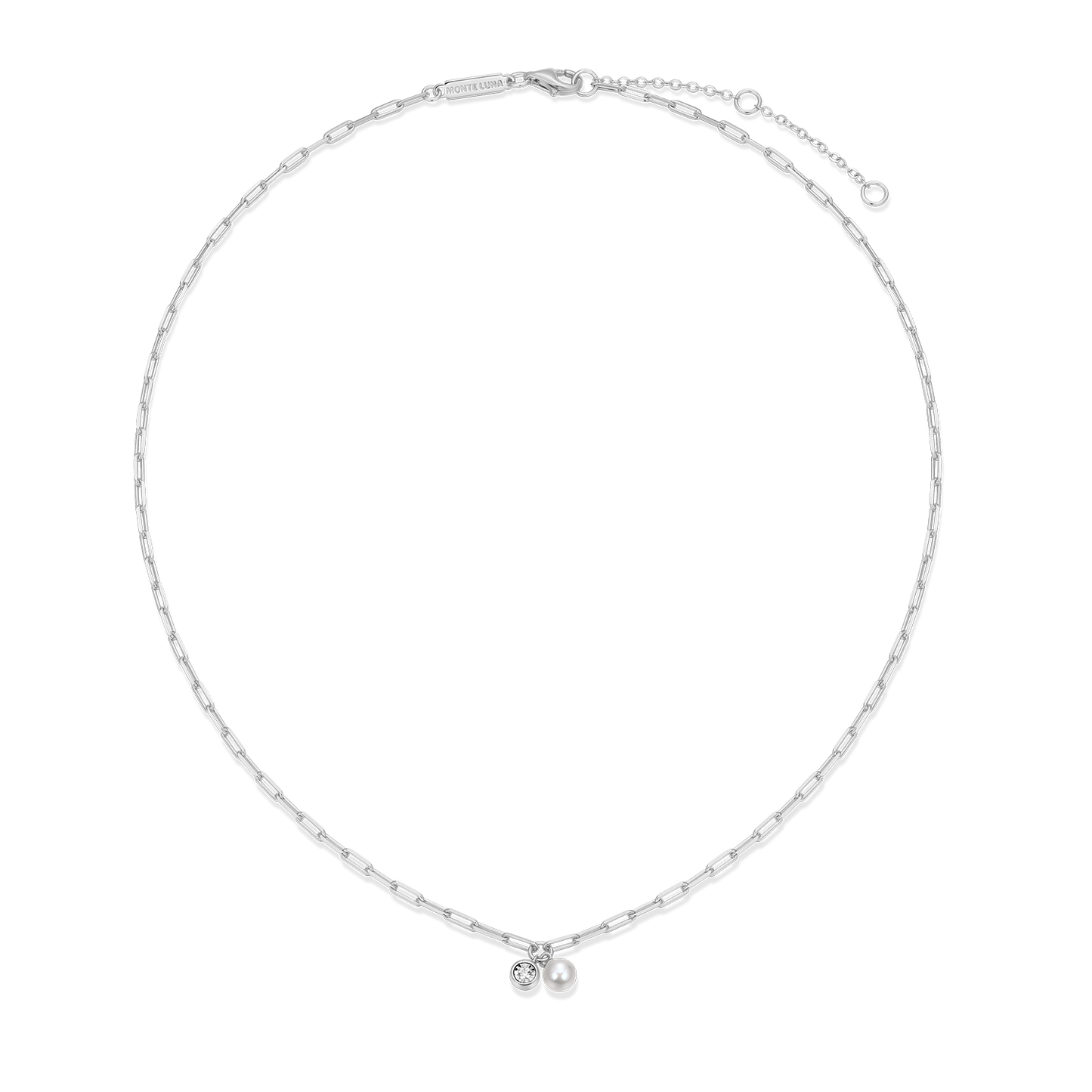 June Birthstone Freshwater Pearl & Lab-Created Diamond Mini Paperclip Necklace in Rhodium-Plated Sterling Silver | M by Monte Luna
