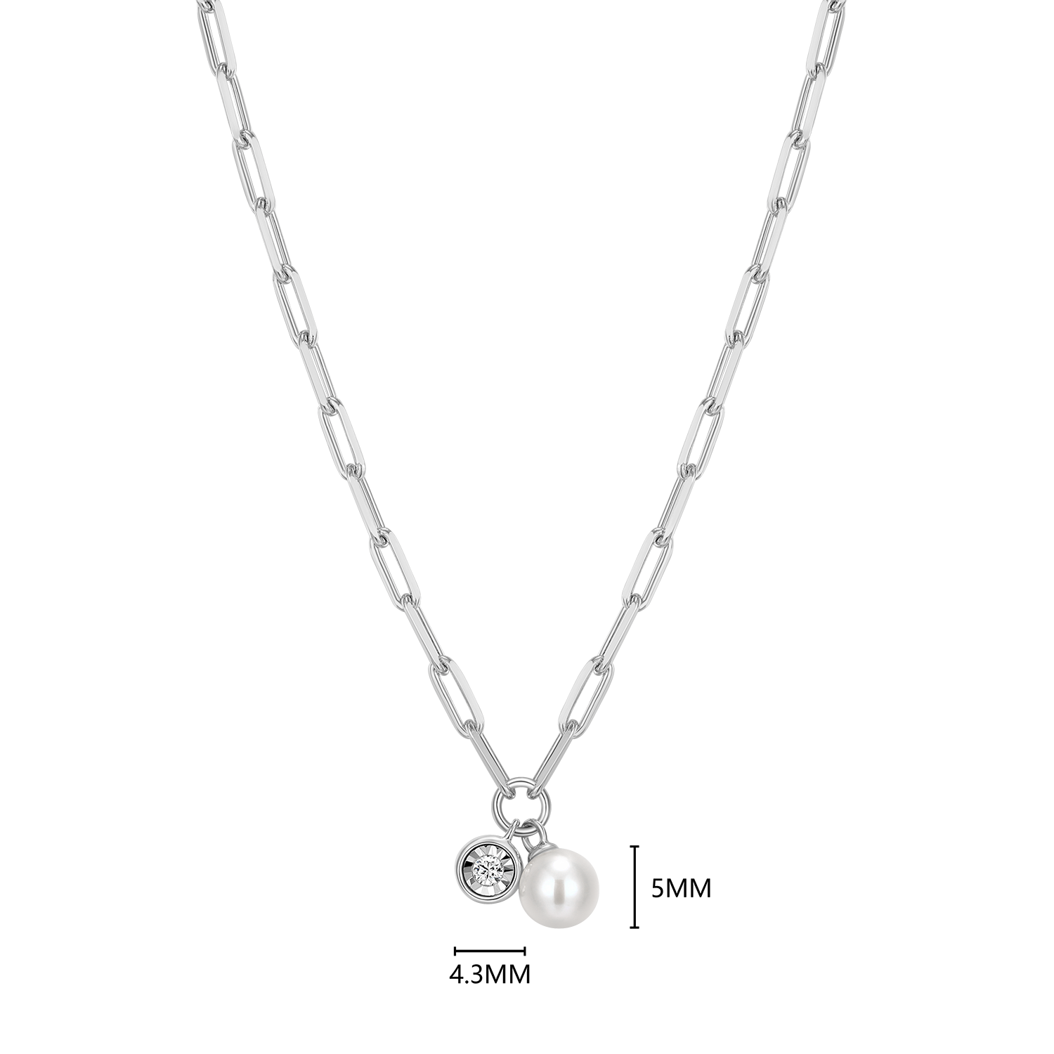 June Birthstone Freshwater Pearl & Lab-Created Diamond Mini Paperclip Necklace in Rhodium-Plated Sterling Silver | M by Monte Luna