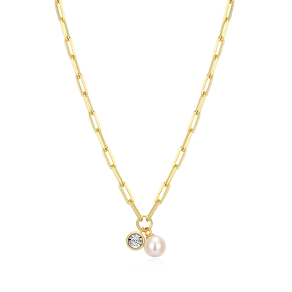 June Birthstone Freshwater Pearl & Lab-Created Diamond Mini Paperclip Necklace in 14K Yellow Gold-Plated Sterling Silver | M by Monte Luna