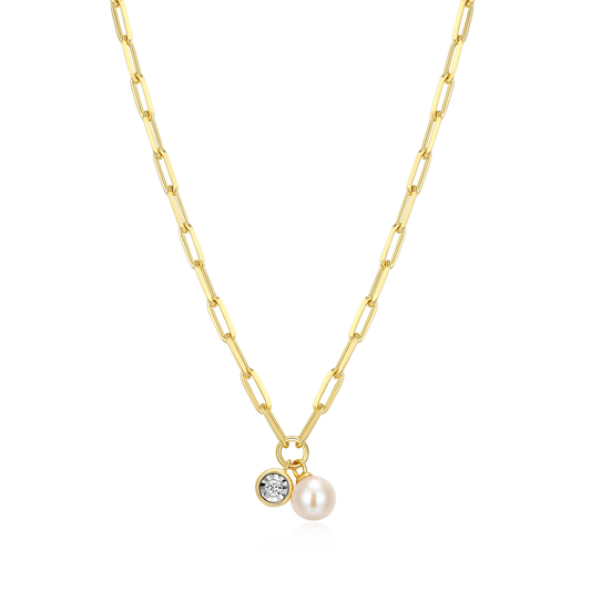 June Birthstone Freshwater Pearl & Lab-Created Diamond Mini Paperclip Necklace in 14K Yellow Gold-Plated Sterling Silver | M by Monte Luna