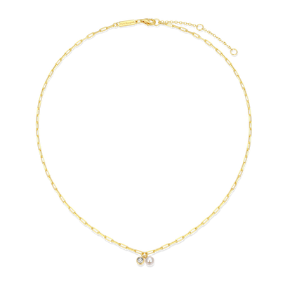 June Birthstone Freshwater Pearl & Lab-Created Diamond Mini Paperclip Necklace in 14K Yellow Gold-Plated Sterling Silver | M by Monte Luna