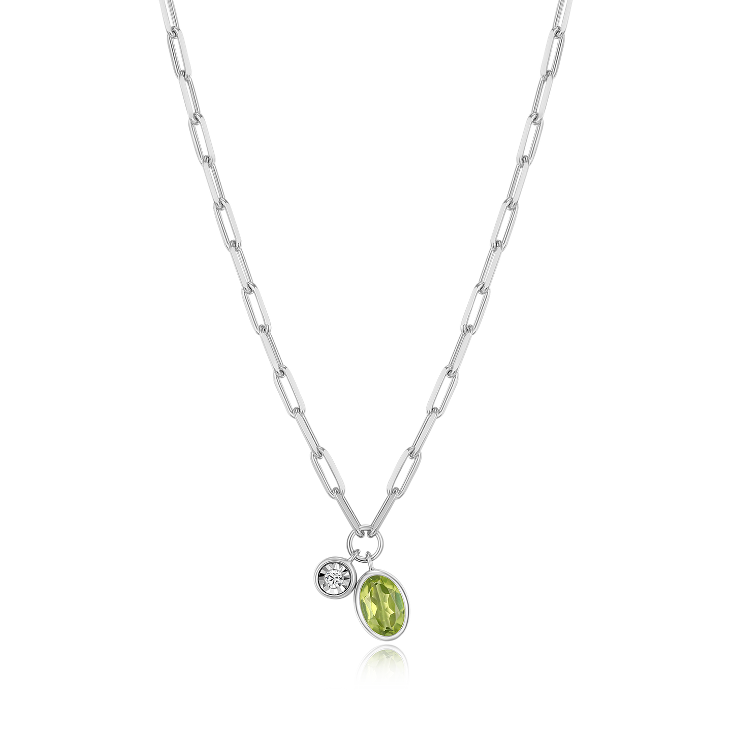 August Birthstone Genuine Peridot & Lab-Created Diamond Mini Paperclip Necklace in Rhodium-Plated Sterling Silver | M by Monte Luna