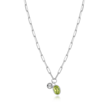 August Birthstone Genuine Peridot & Lab-Created Diamond Mini Paperclip Necklace in Rhodium-Plated Sterling Silver | M by Monte Luna