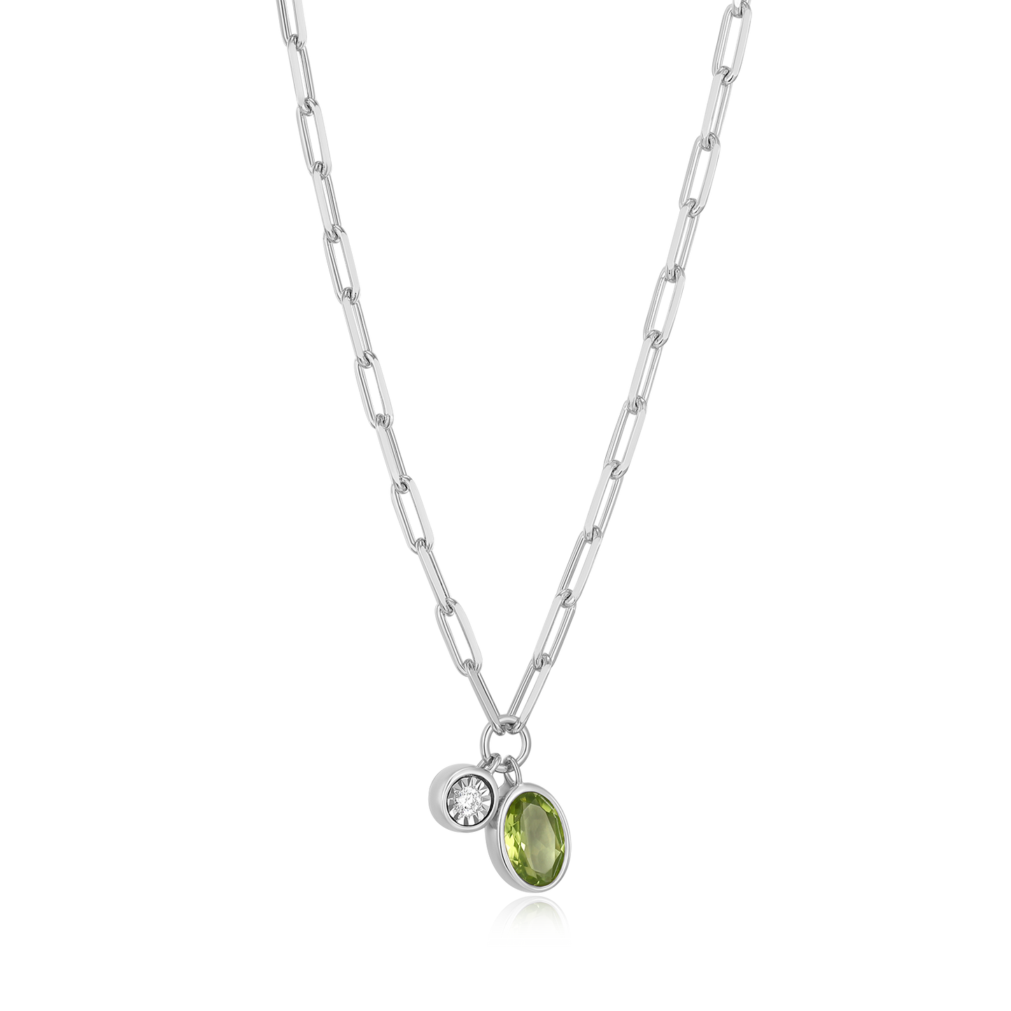 August Birthstone Genuine Peridot & Lab-Created Diamond Mini Paperclip Necklace in Rhodium-Plated Sterling Silver | M by Monte Luna
