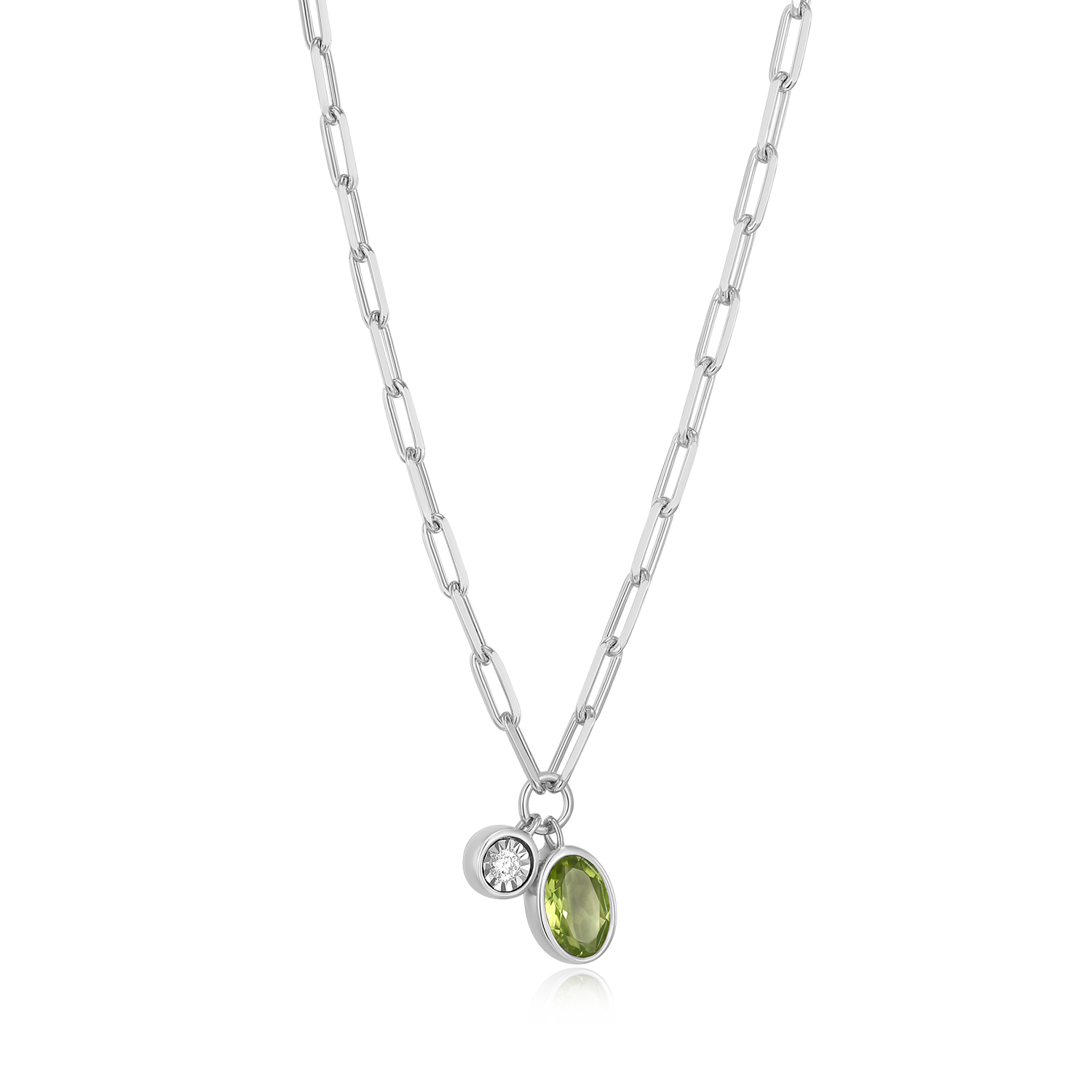August Birthstone Genuine Peridot & Lab-Created Diamond Mini Paperclip Necklace in Rhodium-Plated Sterling Silver | M by Monte Luna