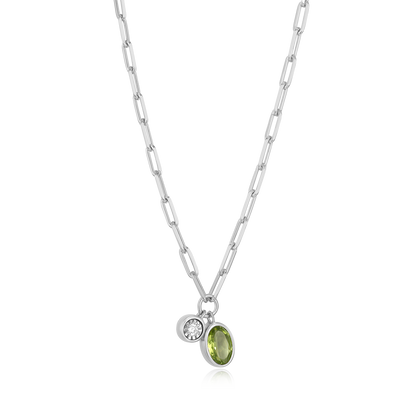 August Birthstone Genuine Peridot & Lab-Created Diamond Mini Paperclip Necklace in Rhodium-Plated Sterling Silver | M by Monte Luna